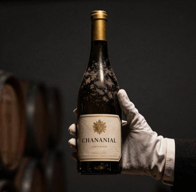 Chiaroscuro shot of a sommelier's hand in a white glove carefully holding an ancient, dusty bottle of wine in a dimly lit private cellar, warm spotlight on the label, dark graphite background