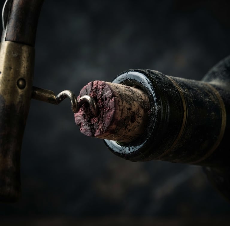 Macro close-up of a dusty vintage wine cork being gently extracted, low-key chiaroscuro lighting, deep graphite and matte gold tones, cinematic atmosphere