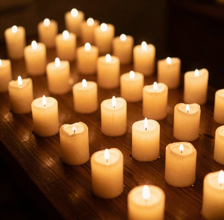 Warm editorial portrait of a candlelit spa chamber, low-key golden candlelight, deep shadows, rich wood tones, shallow depth of field, 35mm