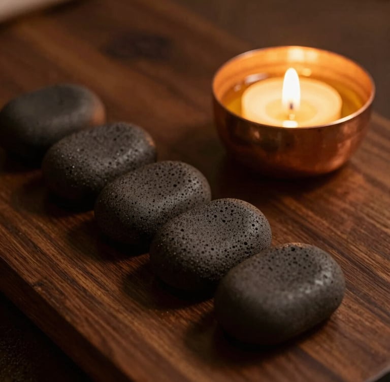 Close-up of warm basalt therapy stones resting on dark polished wood beside a small copper bowl of aromatic oil, soft golden candlelight, rich shadows, 35mm