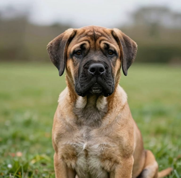 Close-up of an intelligent, calm Boerboel puppy sitting in a manicured lawn, soft overcast UK daylight, shallow depth of field