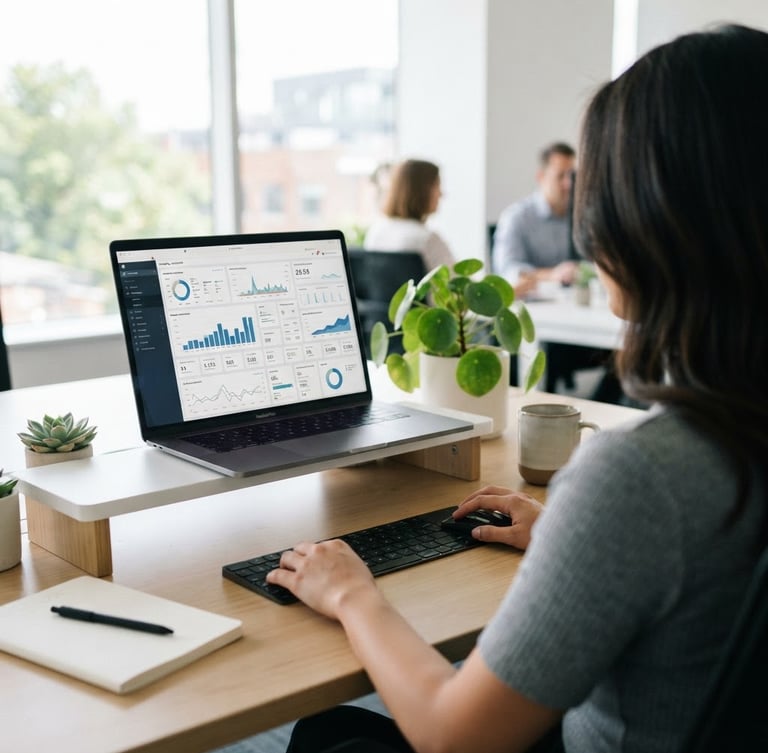 Over-the-shoulder view of a clean desk setup with a marketing dashboard on screen, bright modern business photography, soft natural window light, clean minimalist office setting, shallow depth of field, 35mm