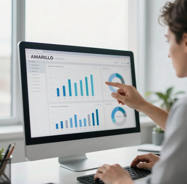 Close-up of a modern, clean workspace in Amarillo, soft natural window light illuminating a strategist reviewing a performance dashboard on a sleek monitor, shallow depth of field, 35mm