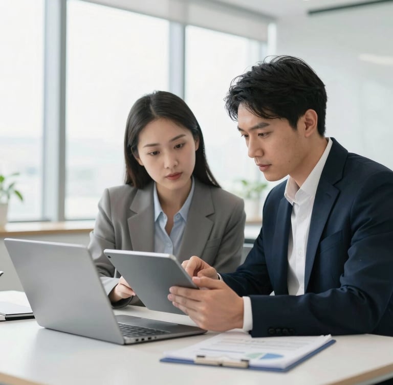 Two professional colleagues collaborating in a bright modern office, reviewing analytics on a tablet, soft natural window light, clean minimalist office setting, shallow depth of field, 35mm