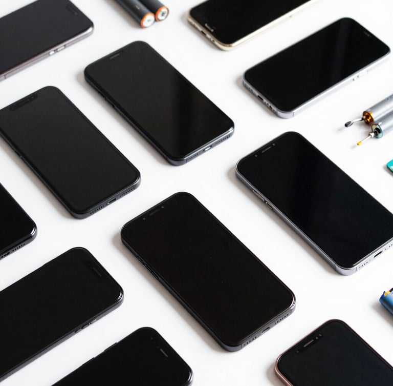 Top-down flat lay of neatly arranged smartphone screens, batteries, and repair tools on a clean white workbench
