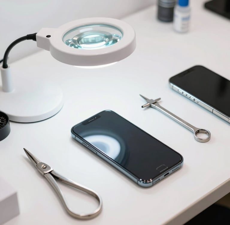 A clean, bright smartphone repair workbench in Panaji, showing neatly organized professional tools, a magnifying lamp, and a phone screen replacement in progress