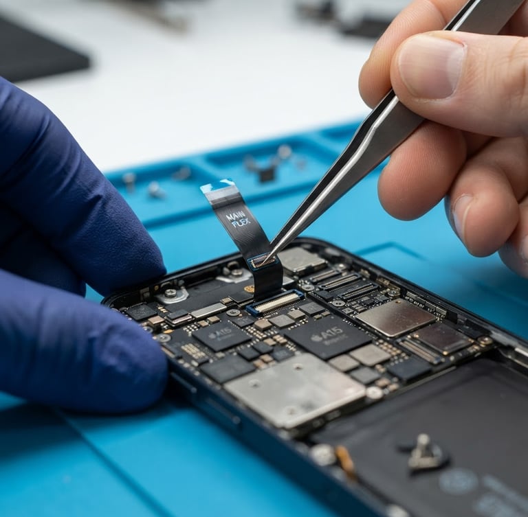 Macro close-up of precise hands using metal tweezers to connect a delicate ribbon cable on a disassembled smartphone motherboard, clean clinical workbench lighting