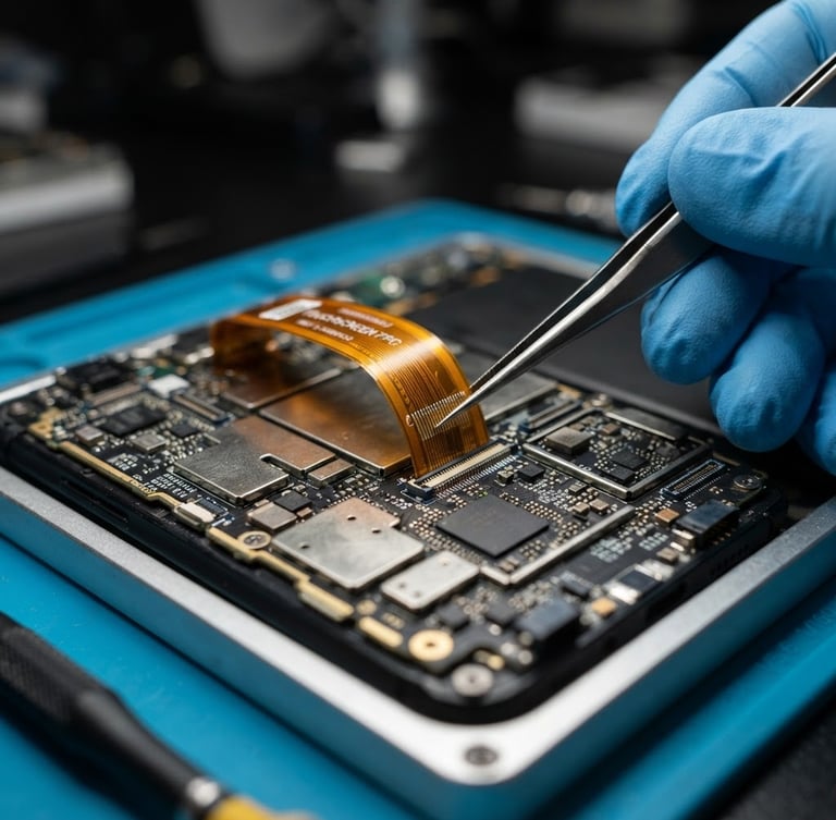 Macro photograph of a technician using tweezers to align a delicate ribbon cable on a smartphone motherboard under bright clinical light