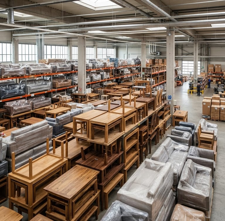 Bright warehouse interior with stacked wooden dining tables and sofas, clean daylight, sharp focus