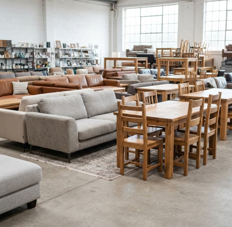 A bright warehouse setting with clean, organized second-hand sofas and wooden dining tables, natural daylight pouring in, sharp focus.