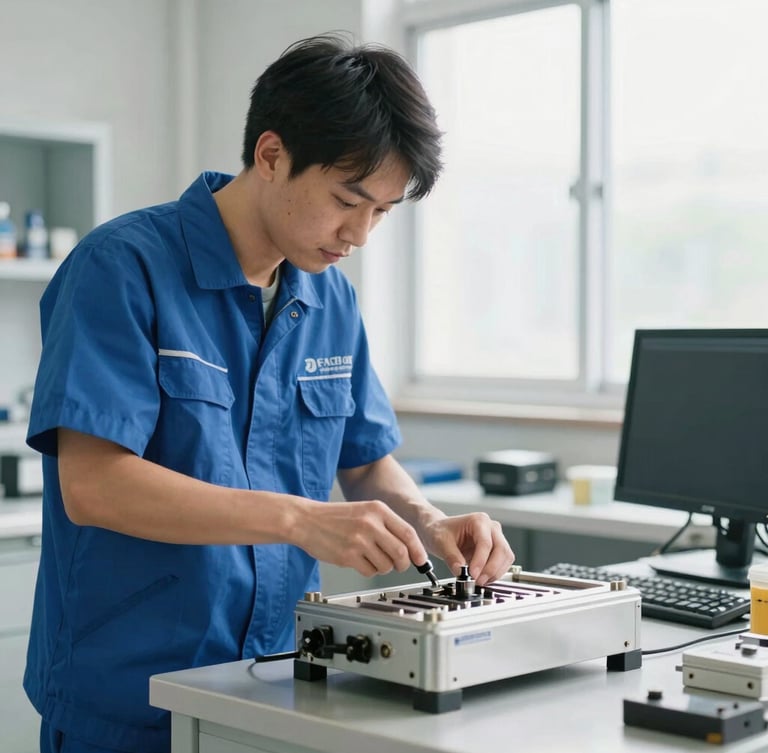 Crisp commercial photography of a technician in a branded uniform working on a fixture in a clean utility room, bright natural daylight, clean metallic tones, sharp focus, 35mm lens