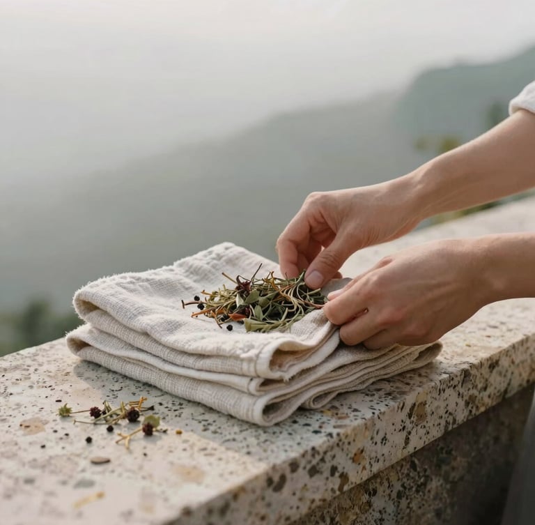 Hands arranging folded linen towels and dried mountain herbs on a raw travertine ledge, soft overcast daylight, 35mm photography