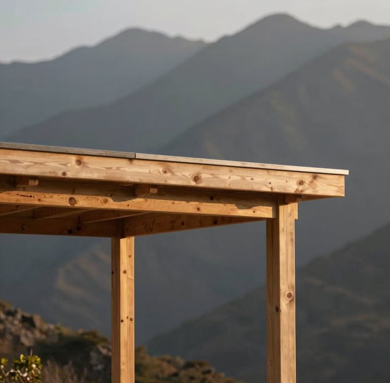 Architectural detail of a private wooden soaking pavilion, clean structured lines blending into the rugged mountain landscape at golden hour
