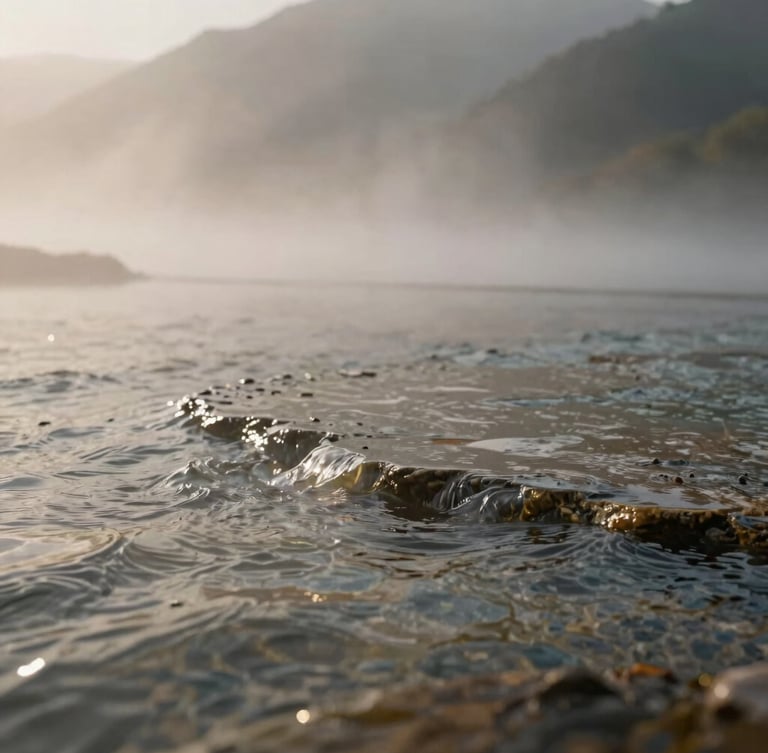 Atmospheric close-up of water texture in a stone pool, light reflecting off the mineral-rich surface, soft morning mist