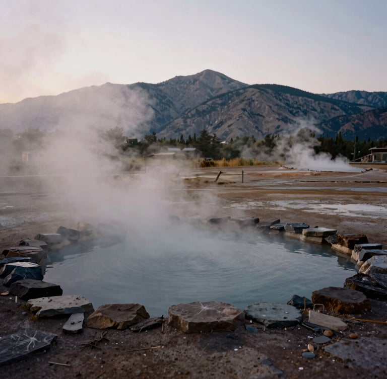 Wide environmental shot of steam rising off a dark stone geothermal pool at dawn, rugged Utah mountains in the background, soft morning mist, 35mm photography