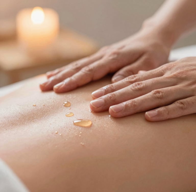 Macro close-up of hands-at-work during a massage, warm golden-hour light, soft focus on organic oil droplets on skin, shallow depth of field, 35mm