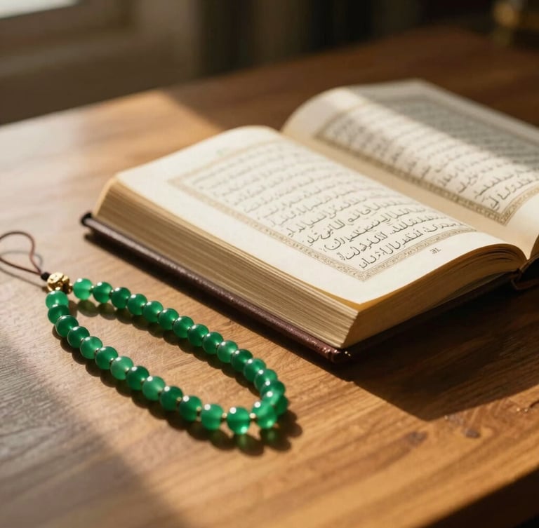 A serene indoor setting showing a wooden table with an open Al-Qur'an, warm golden sunlight casting soft shadows, elegant emerald green prayer beads resting nearby, 35mm photography.