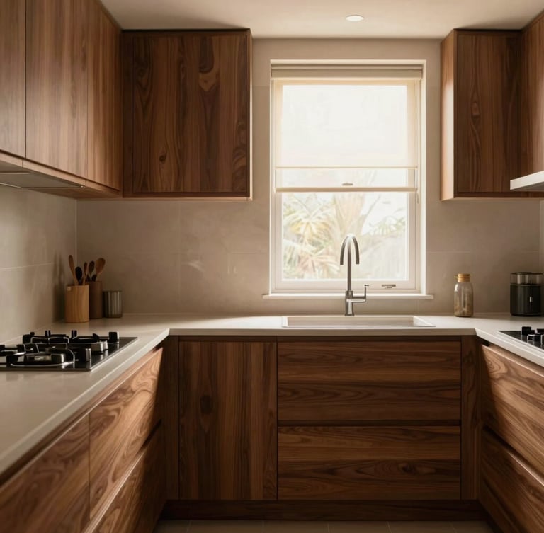 Straight-on architectural shot of a modern modular kitchen, rich walnut veneer cabinets with zero-gap finish, soft warm window light, 35mm