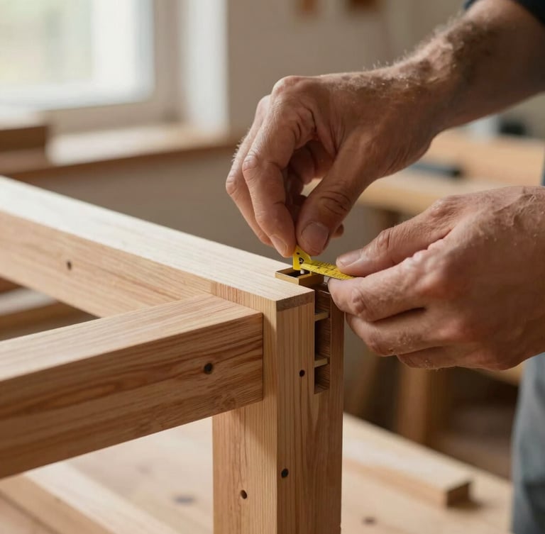 Close-up of a craftsman's hands carefully measuring a mortise and tenon joint on a solid wood frame, warm natural workshop light, shallow depth of field