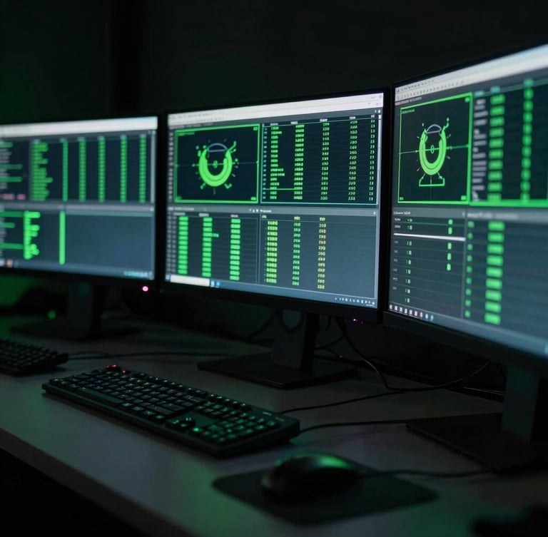 Close-up of a clean multi-monitor trading setup in a dark room, neon green accents reflecting on the screens, moody low-key lighting, sharp focus, 35mm