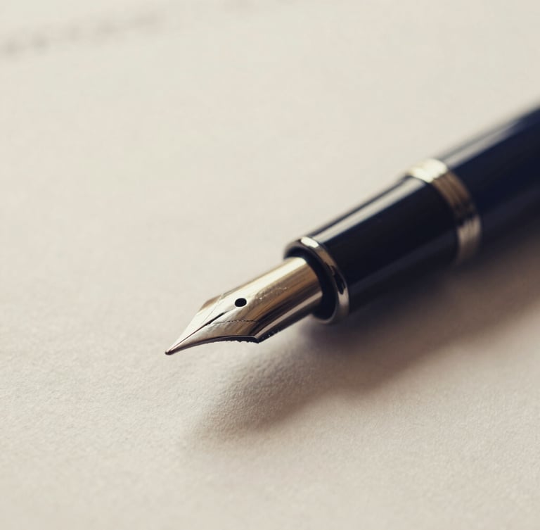 Macro close-up of a fountain pen resting on a crisp legal document, warm paper background, soft directional window light, shallow depth of field