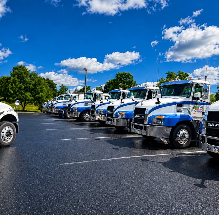 Fleet of blue and white Mack commercial trucks parked in a row under a bright blue sky.