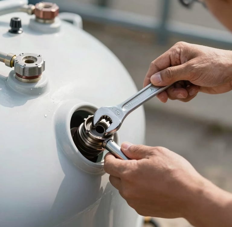 Close-up of a technician hands using a wrench to replace a magnesium anode rod inside a large water tank, bright daylight
