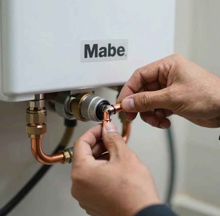Close-up of a technician's hands adjusting copper pipes on a compact Mabe tankless heater, bright natural lighting, focused macro shot.