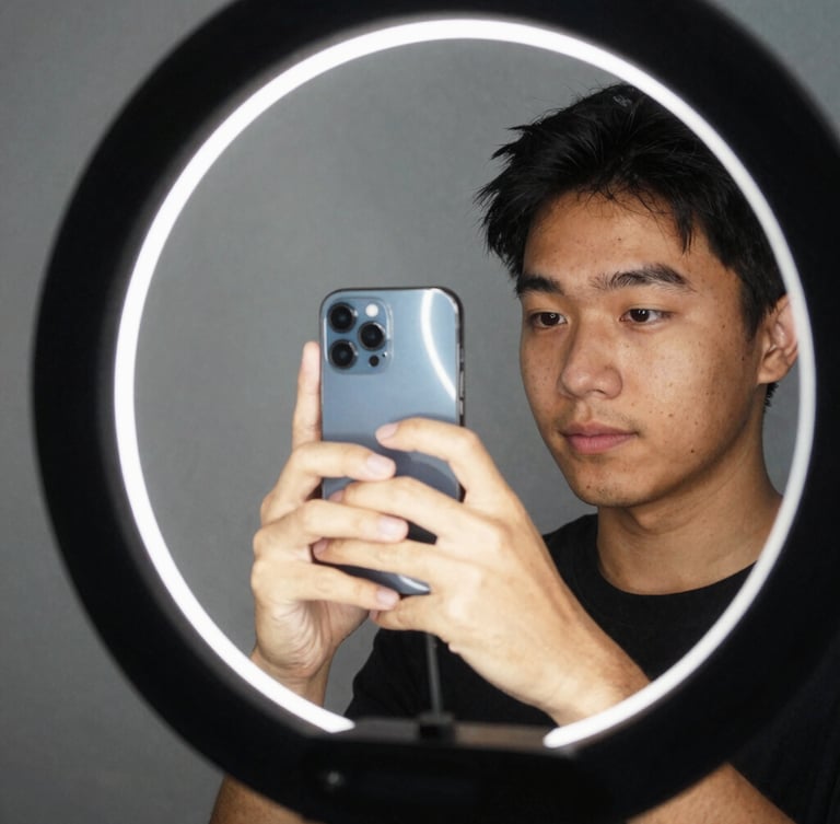 Vertical-first candid action shot of a young creator filming themselves with a smartphone, high-contrast natural light, ring-light reflection, dynamic crop, vibrant editorial photography.