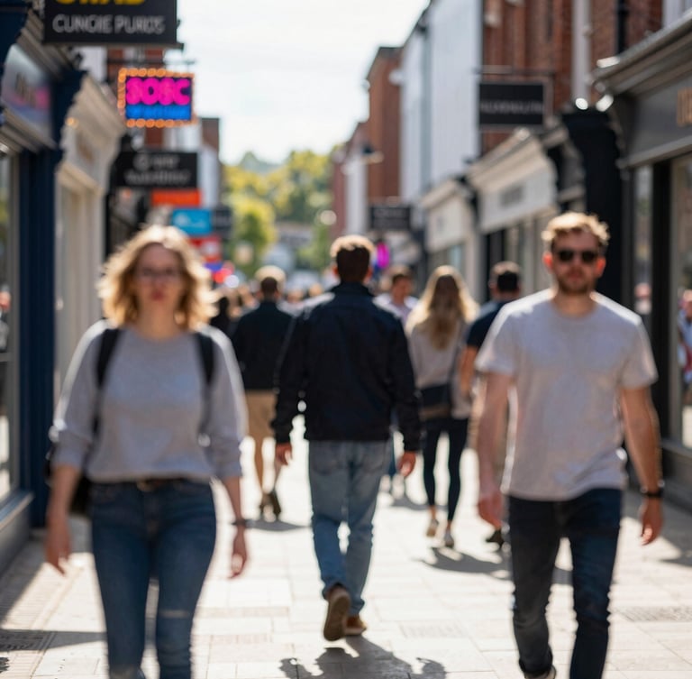 Dynamic street scene in Poole, UK, with high-contrast natural light, blurred motion of people, and vibrant neon accents from shop signs, 35mm, candid medium close-up.