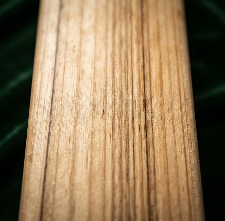 Tight macro studio shot of premium English willow cricket bat grain, deep forest green accent background, sharp details, high-contrast lighting