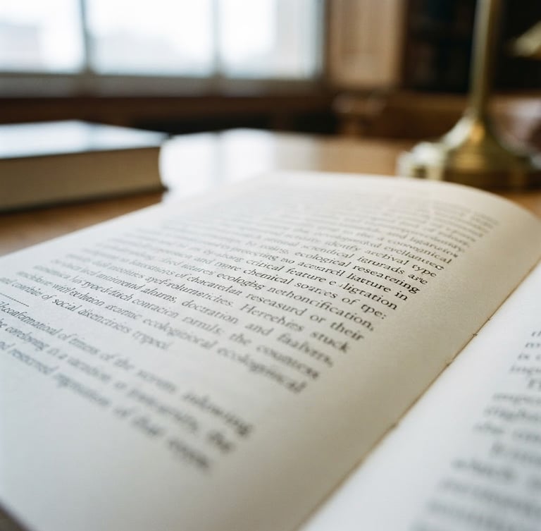 Macro shot of a printed scientific journal page, sharp focus on elegant serif typography, bright natural library daylight, cool tones with warm wood accents, 35mm