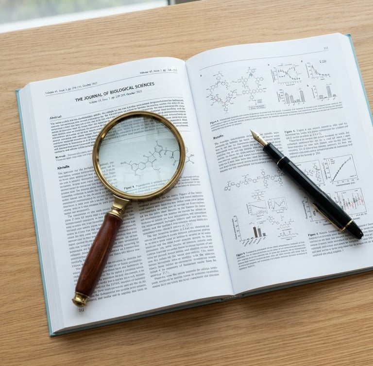 Flat-lay of a printed scientific journal with a magnifying glass and a fountain pen on a clean wooden desk, bright natural library daylight, sharp focus, 35mm