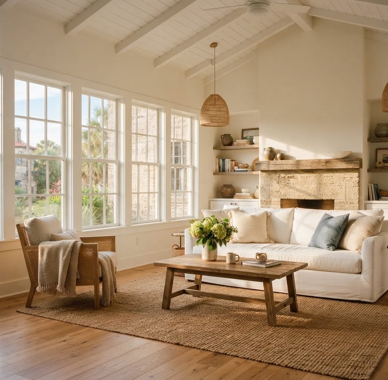 A bright, sun-drenched coastal living room interior in St. Augustine, warm morning light streaming through tall windows, crisp white linens, high ceilings, editorial 35mm photography.
