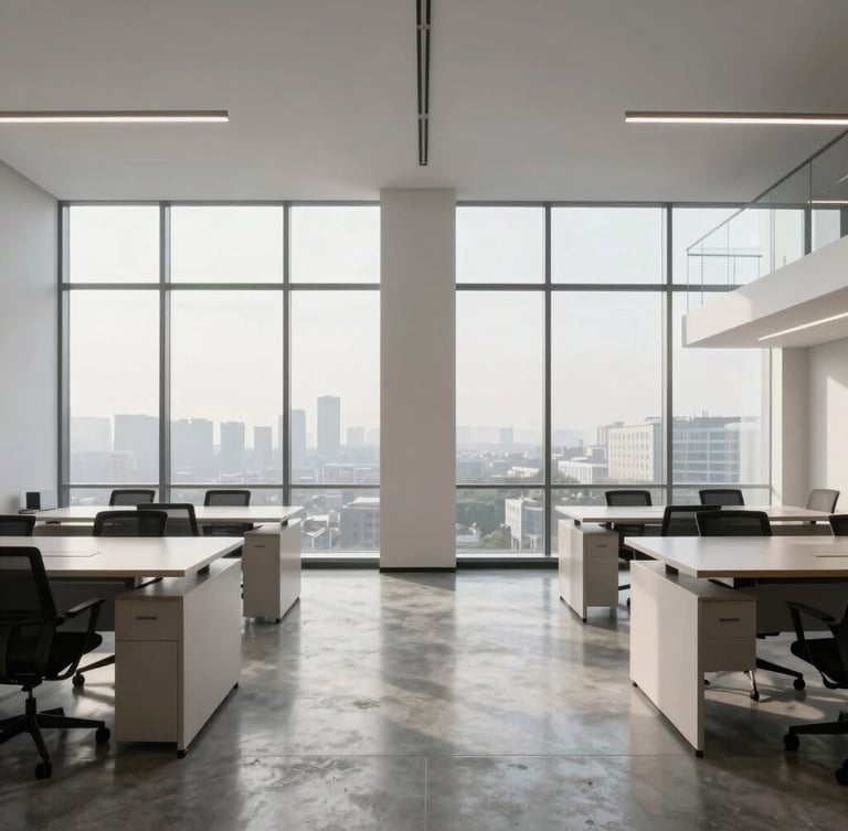 Symmetrical wide-angle architectural photograph of a pristine, modern boutique office interior. Floor-to-ceiling windows with diffused morning daylight, polished concrete floor, and clean minimalist desks. No people, highly structured composition.