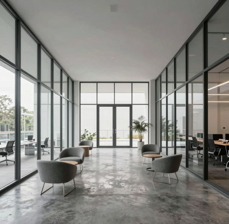 Symmetrical architectural interior of a modern minimalist office lounge, polished concrete floors, streak-free glass walls, natural diffused daylight, negative space.
