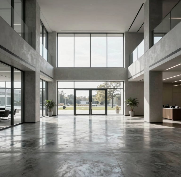 Symmetrical wide-angle architectural shot of a minimalist modern office lobby, polished concrete floors reflecting diffused daylight from floor-to-ceiling windows, clean lines, no people.