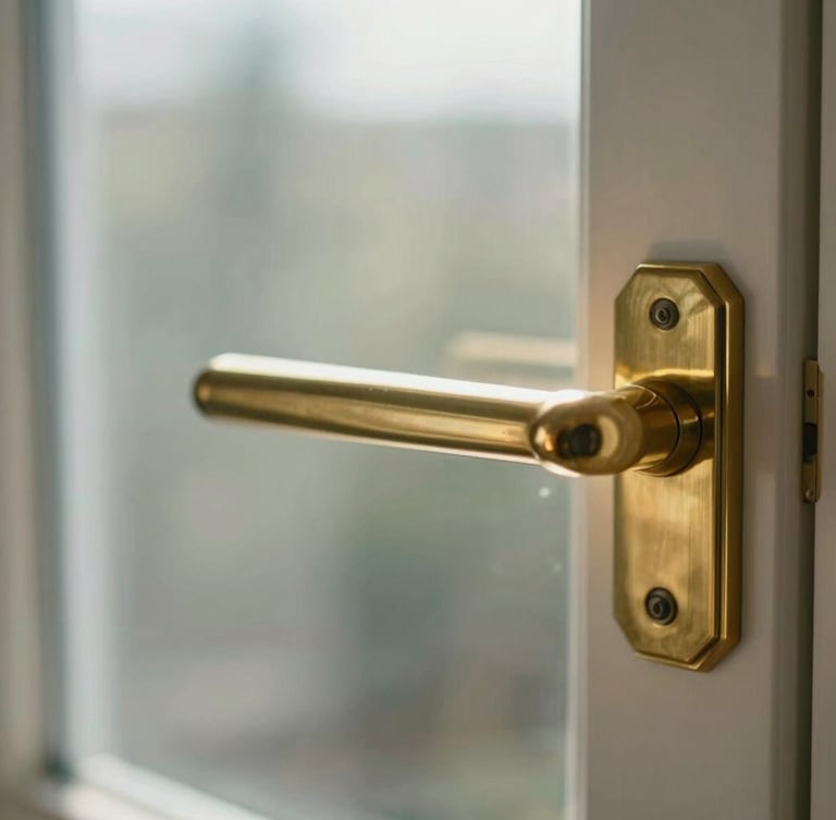 Extreme close-up of a perfectly polished brass door handle and streak-free glass panel, soft natural morning light, clean architectural lines.