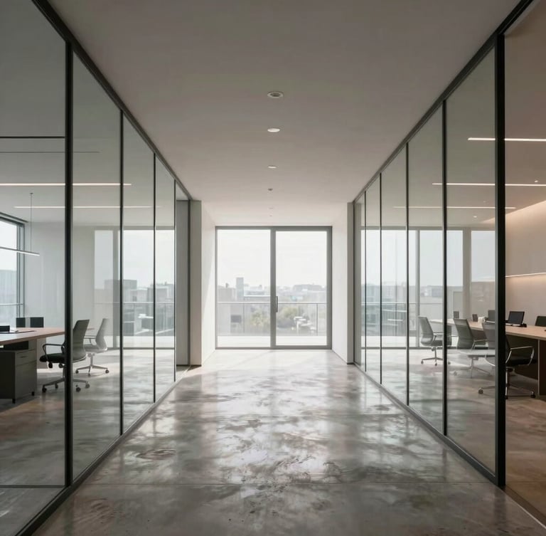 Symmetrical wide-angle architectural shot of a minimalist boutique office interior, polished concrete floors reflecting diffused natural daylight, pristine glass partitions, quiet luxury aesthetic.