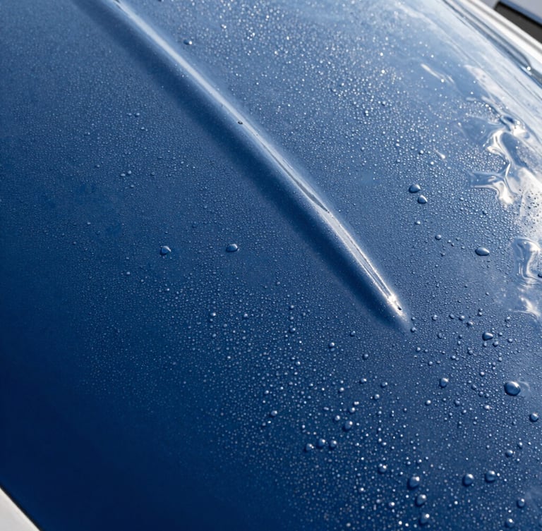 Close-up of water beading perfectly on a freshly treated deep blue gelcoat surface, bright morning sun creating high-contrast highlights, crisp editorial marine photography.