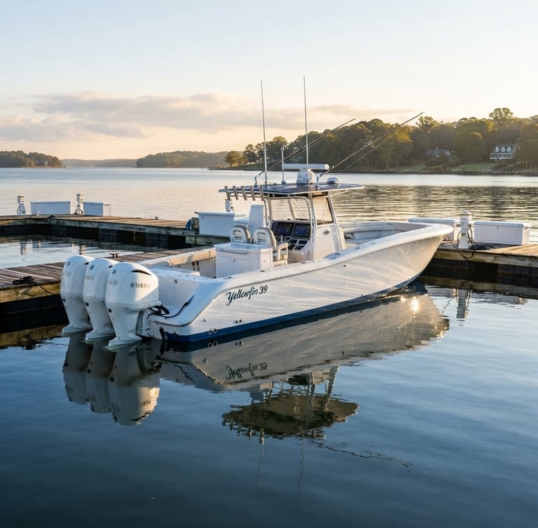 Wide shot of a pristine high-end center console boat at a private dock in Virginia, reflecting the morning sun like a mirror, water beading on the hull, low horizon, crisp editorial marine photography
