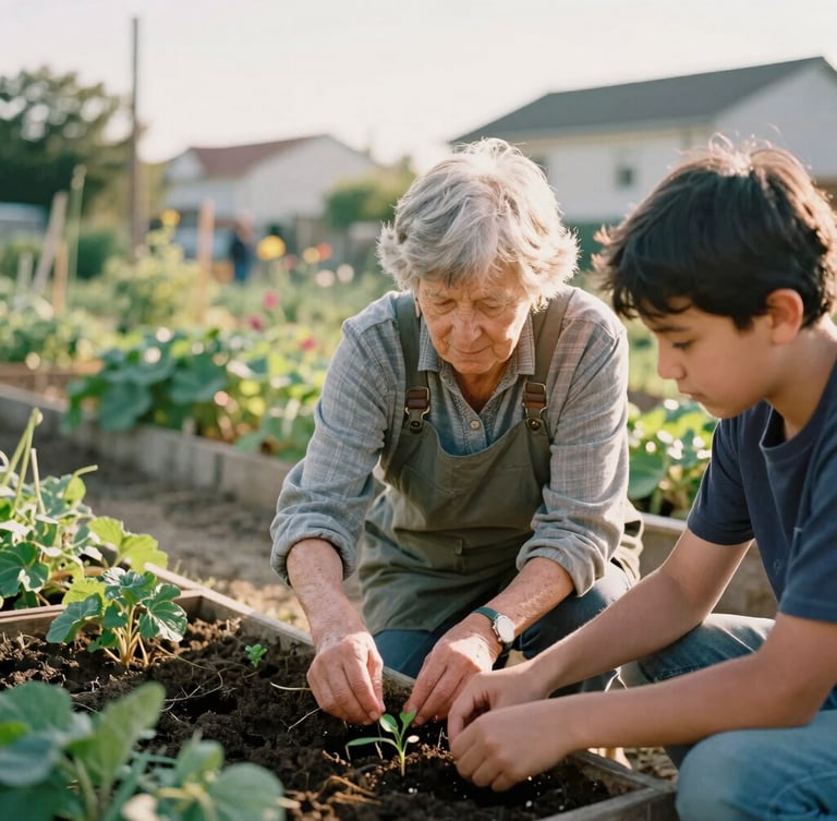 Candid environmental portrait of an elderly community organizer showing a young student how to plant seeds in a sunlit urban community garden, warm golden-hour light, 35mm film style.
