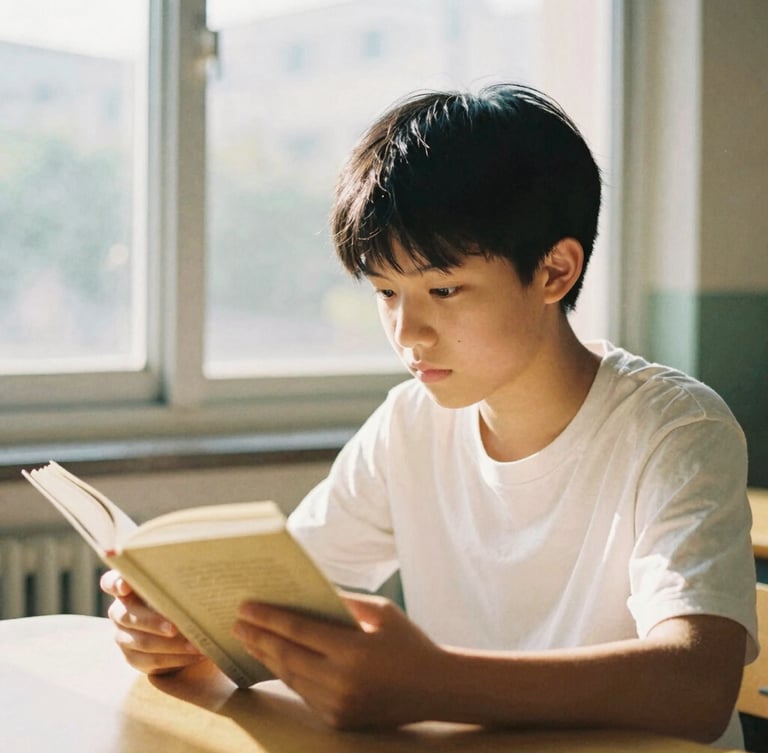 Candid environmental portrait of a young student reading a book near a sunlit classroom window, warm golden light, shallow depth of field, 35mm film look