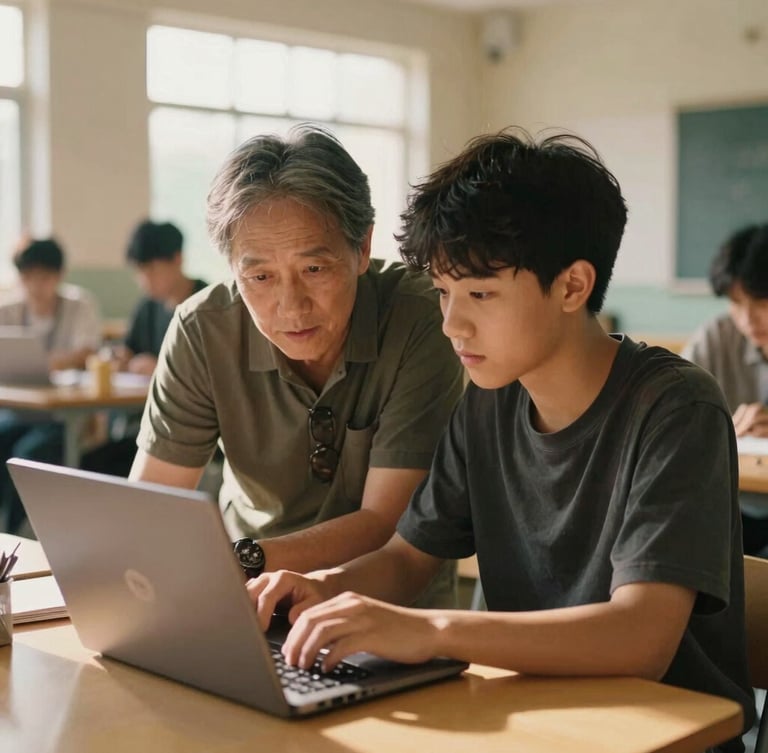 Candid medium shot of a mentor and a young adult student looking over a laptop in a sunlit community center, warm golden-hour tones, 35mm film look.