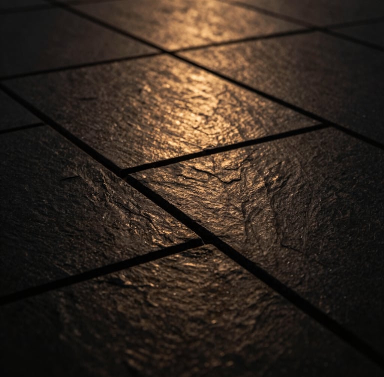 Macro close-up of structured dark slate tiles with sharp geometric lines and subtle warm gold reflections, low-key dramatic lighting, architectural photography, 35mm