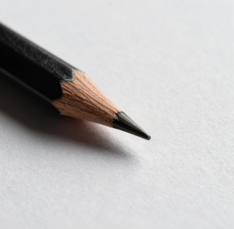 Macro close-up of a sharp graphite pencil tip touching textured heavy-weight paper, high-contrast side-lighting, warm cedar wood grain visible, minimalist monochrome studio shot.