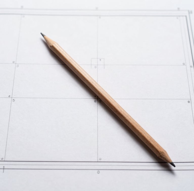 Overhead flat lay of technical blueprints with a single wooden pencil resting diagonally across crisp white lines, sharp shadows, minimalist studio lighting