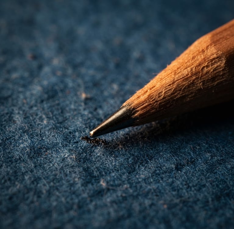 Macro close-up of a sharp graphite pencil point on thick textured blueprint paper, warm side-lighting highlighting the wood grain, minimalist composition