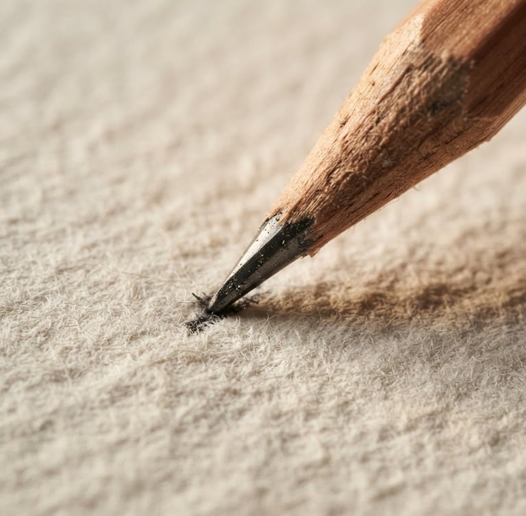 Macro overhead shot of a sharp graphite pencil tip touching textured heavy-grain paper, warm side-lighting highlighting paper fibers and cedar wood grain, minimalist studio setting