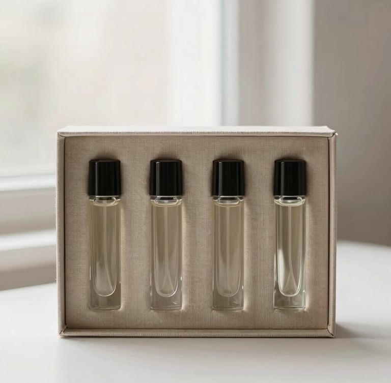 A luxurious minimalist gift box made of raw natural linen containing four sleek glass perfume vials, soft shadows, warm neutral tones, editorial photography.